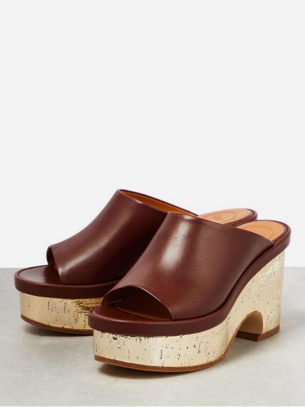 Chloé Brown Leather Platform Mules | Metallic Coated Heel | EU 40 / US 10